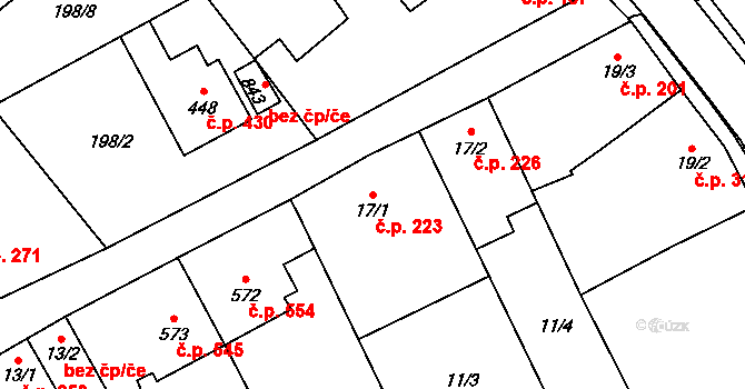 Kvasice 223 na parcele st. 17/1 v KÚ Kvasice, Katastrální mapa