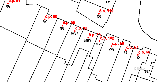 Bohutice 59 na parcele st. 100/2 v KÚ Bohutice, Katastrální mapa