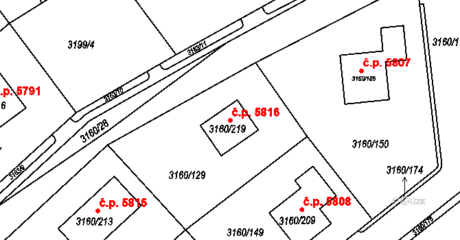 Chomutov 5816 na parcele st. 3160/219 v KÚ Chomutov II, Katastrální mapa