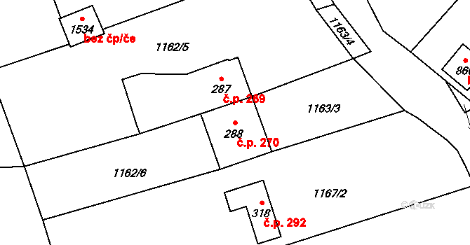 Vranov nad Dyjí 270 na parcele st. 288 v KÚ Vranov nad Dyjí, Katastrální mapa