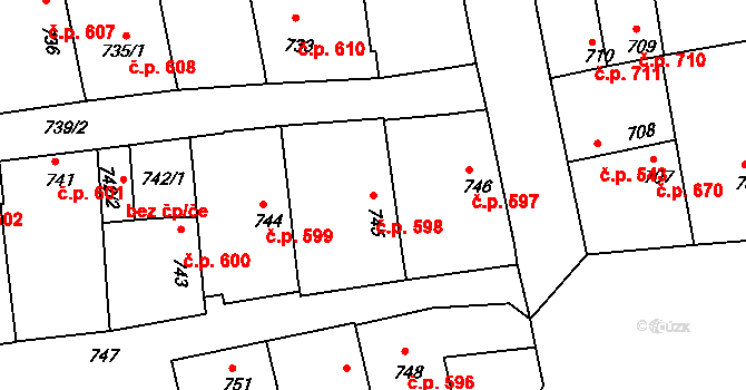 Bzenec 598 na parcele st. 745 v KÚ Bzenec, Katastrální mapa