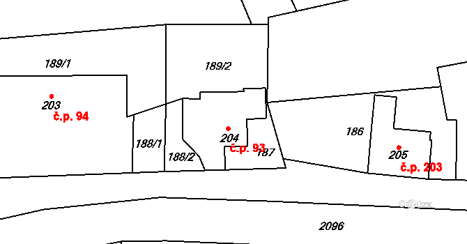 Janov 93 na parcele st. 204 v KÚ Janov u Krnova, Katastrální mapa