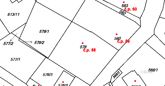 Jirny 58 na parcele st. 578 v KÚ Jirny, Katastrální mapa