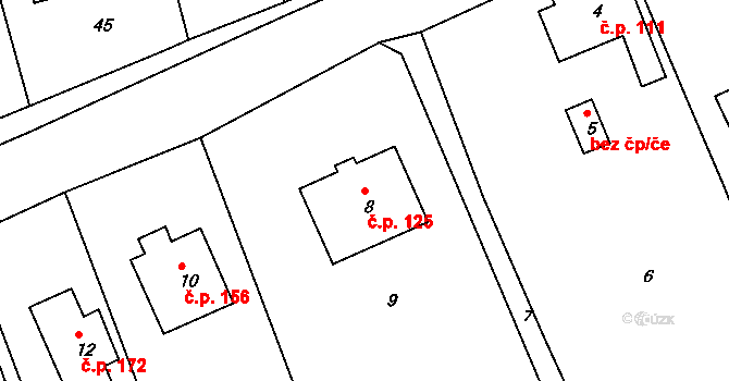 Těchov 125, Blansko na parcele st. 8 v KÚ Těchov, Katastrální mapa