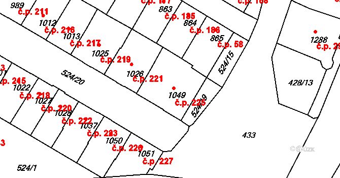 Stařečka 225, Třebíč na parcele st. 1049 v KÚ Třebíč, Katastrální mapa
