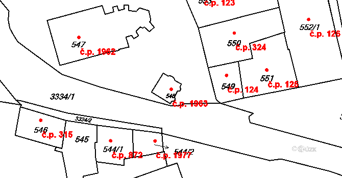Pelhřimov 1963 na parcele st. 548 v KÚ Pelhřimov, Katastrální mapa