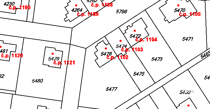 Záběhlice 1102, Praha na parcele st. 5476 v KÚ Záběhlice, Katastrální mapa