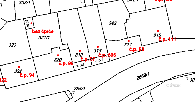 Hostivař 696, Praha na parcele st. 318 v KÚ Hostivař, Katastrální mapa