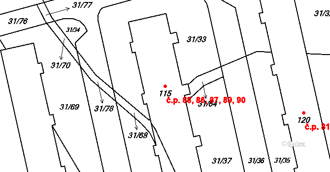 Klášterní Hradisko 86,87,88,89,90, Olomouc na parcele st. 115 v KÚ Klášterní Hradisko, Katastrální mapa