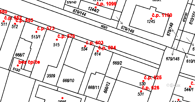Rosice 594 na parcele st. 614 v KÚ Rosice u Brna, Katastrální mapa