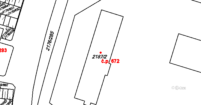 Skvrňany 672, Plzeň na parcele st. 2187/2 v KÚ Skvrňany, Katastrální mapa