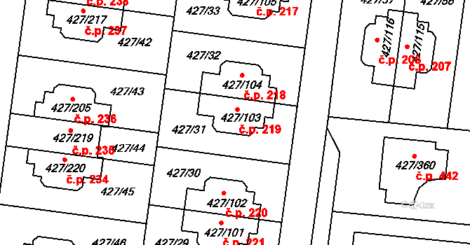 Březiněves 219, Praha na parcele st. 427/103 v KÚ Březiněves, Katastrální mapa