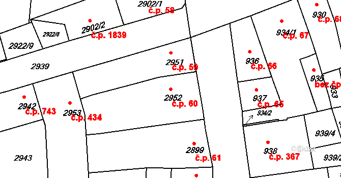 Jirkov 60 na parcele st. 2952 v KÚ Jirkov, Katastrální mapa