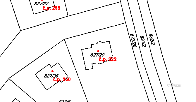 Pržno 222 na parcele st. 827/29 v KÚ Pržno, Katastrální mapa