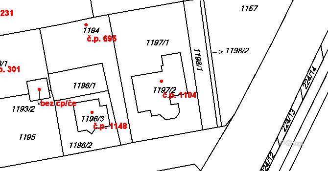 Třemošná 1104 na parcele st. 1197/2 v KÚ Třemošná, Katastrální mapa