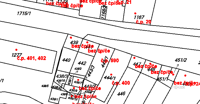 Drnholec 590 na parcele st. 443/1 v KÚ Drnholec, Katastrální mapa