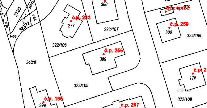 Bubovice 256 na parcele st. 389 v KÚ Bubovice, Katastrální mapa