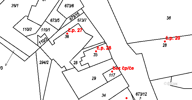 Mrsklesy 26, Třebenice na parcele st. 35 v KÚ Mrsklesy, Katastrální mapa