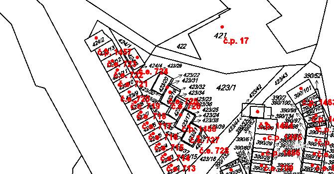 Ráj 725, Karviná na parcele st. 423/20 v KÚ Ráj, Katastrální mapa