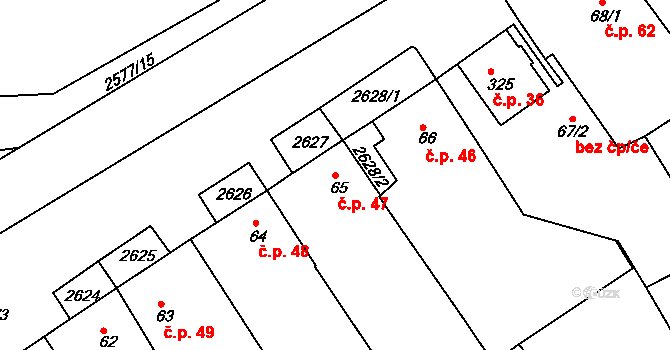 Hrádek na Vlárské dráze 47, Slavičín na parcele st. 65 v KÚ Hrádek na Vlárské dráze, Katastrální mapa