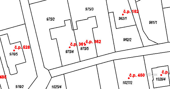 Píšť 362 na parcele st. 975/5 v KÚ Píšť, Katastrální mapa