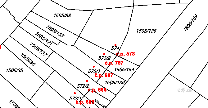 Ostrožské Předměstí 757, Uherský Ostroh na parcele st. 573/2 v KÚ Ostrožské Předměstí, Katastrální mapa