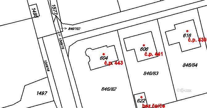Lomnice 443 na parcele st. 604 v KÚ Lomnice u Tišnova, Katastrální mapa