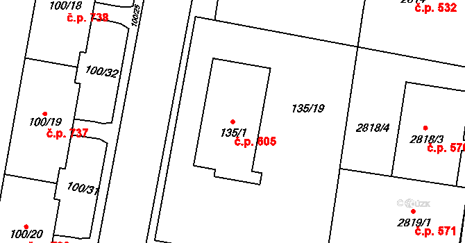 Protivín 605 na parcele st. 135/1 v KÚ Protivín, Katastrální mapa