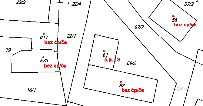 Bušovice 13 na parcele st. 61 v KÚ Bušovice, Katastrální mapa