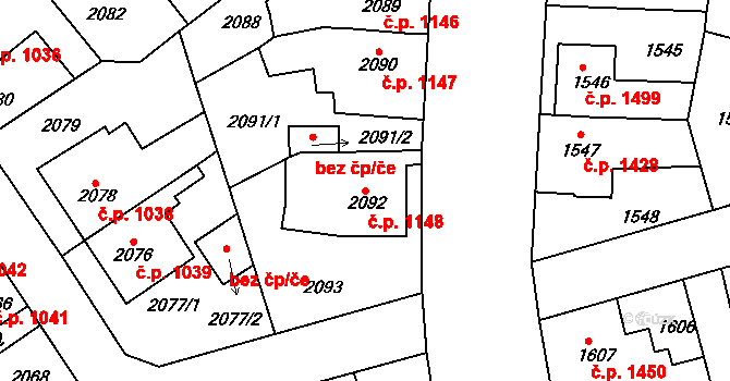Louny 1148 na parcele st. 2092 v KÚ Louny, Katastrální mapa