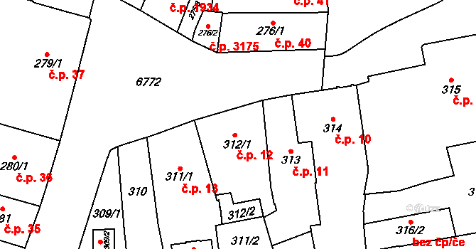 Žatec 12 na parcele st. 312/1 v KÚ Žatec, Katastrální mapa