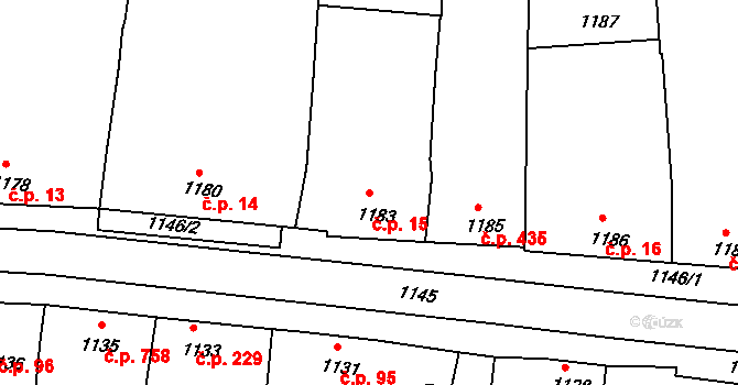 Klobouky u Brna 15 na parcele st. 1183 v KÚ Klobouky u Brna, Katastrální mapa