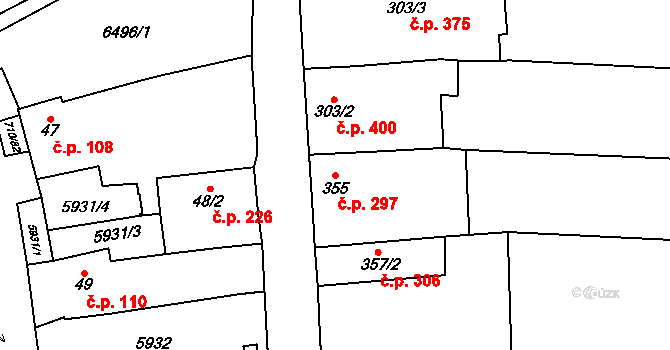Hrušovany nad Jevišovkou 297 na parcele st. 355 v KÚ Hrušovany nad Jevišovkou, Katastrální mapa