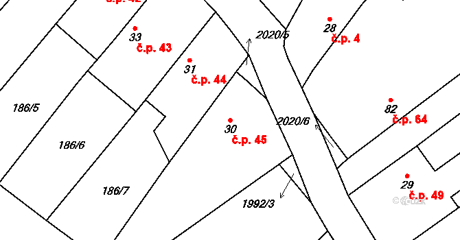 Horušice 45 na parcele st. 30 v KÚ Horušice, Katastrální mapa