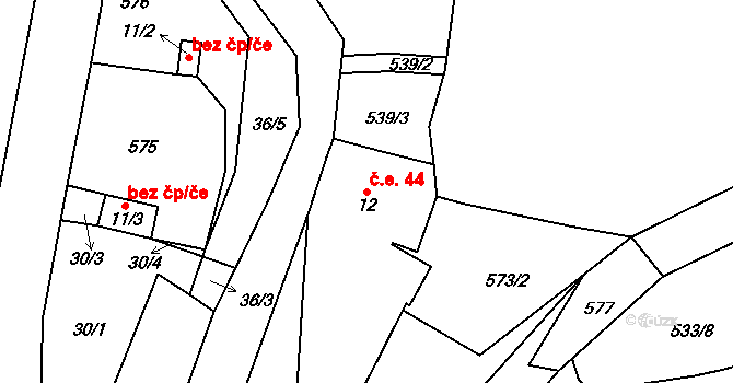 Nivy 44, Děpoltovice na parcele st. 12 v KÚ Nivy, Katastrální mapa