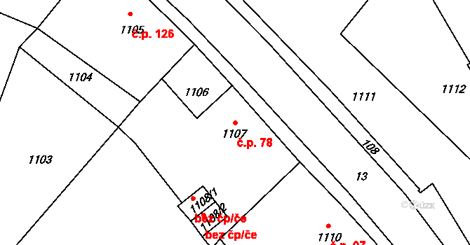 Vrkoslavice 78, Jablonec nad Nisou na parcele st. 1107 v KÚ Vrkoslavice, Katastrální mapa