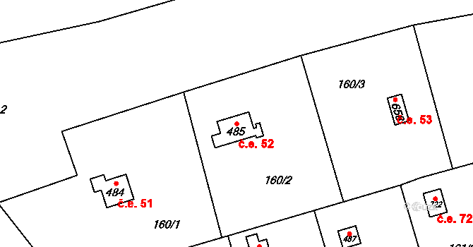 Horoměřice 52 na parcele st. 485 v KÚ Horoměřice, Katastrální mapa