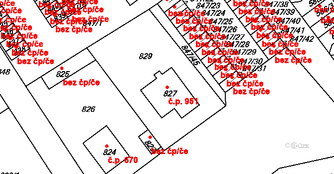 Roztoky 951 na parcele st. 827 v KÚ Roztoky u Prahy, Katastrální mapa