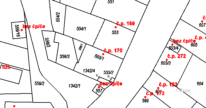 Tuchlovice 170 na parcele st. 555/1 v KÚ Tuchlovice, Katastrální mapa