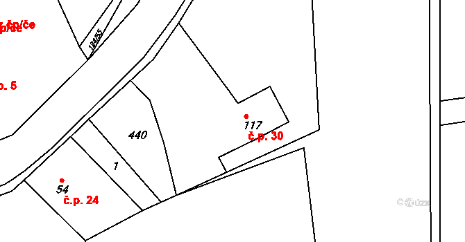 Drahlovice 30, Skuhrov na parcele st. 117 v KÚ Skuhrov pod Brdy, Katastrální mapa