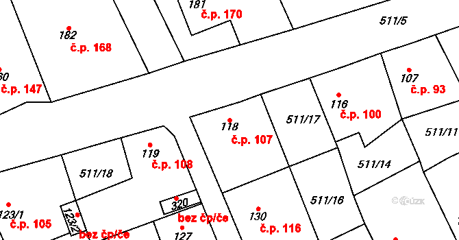 Tlustice 107 na parcele st. 118 v KÚ Tlustice, Katastrální mapa