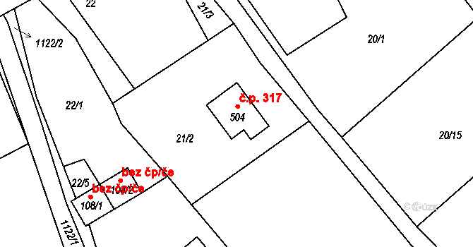 Chvalčov 317 na parcele st. 504 v KÚ Chvalčov, Katastrální mapa