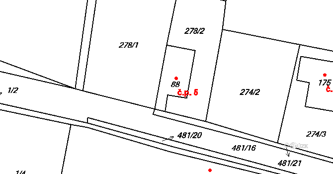 Třeboutice 5, Křešice na parcele st. 88 v KÚ Třeboutice, Katastrální mapa