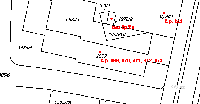 Chrudim III 669,670,671,672,673, Chrudim na parcele st. 2377 v KÚ Chrudim, Katastrální mapa