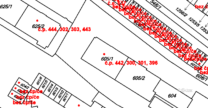 Pisárky 300,301,396,442, Brno na parcele st. 605/1 v KÚ Pisárky, Katastrální mapa