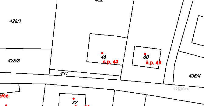 Kunčina Ves 43 na parcele st. 46 v KÚ Kunčina Ves, Katastrální mapa