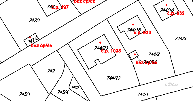 Pelhřimov 1038 na parcele st. 744/23 v KÚ Pelhřimov, Katastrální mapa