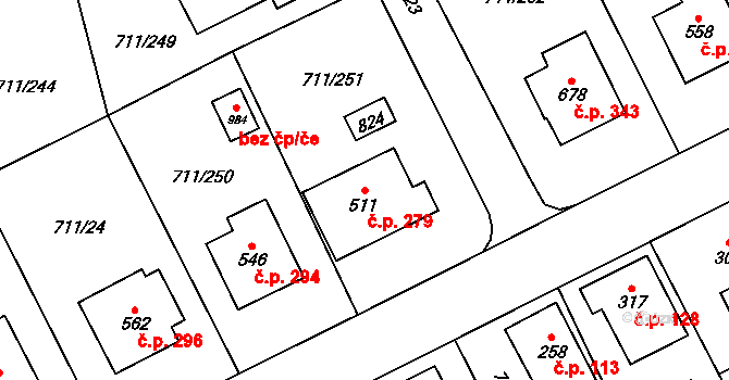 Daliměřice 279, Turnov na parcele st. 511 v KÚ Daliměřice, Katastrální mapa