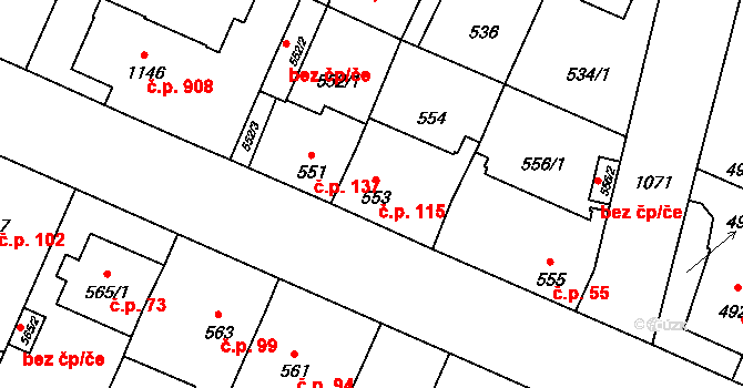 Čimice 115, Praha na parcele st. 553 v KÚ Čimice, Katastrální mapa