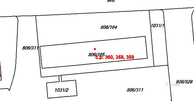 Malešice 358,359,360, Praha na parcele st. 806/165 v KÚ Malešice, Katastrální mapa
